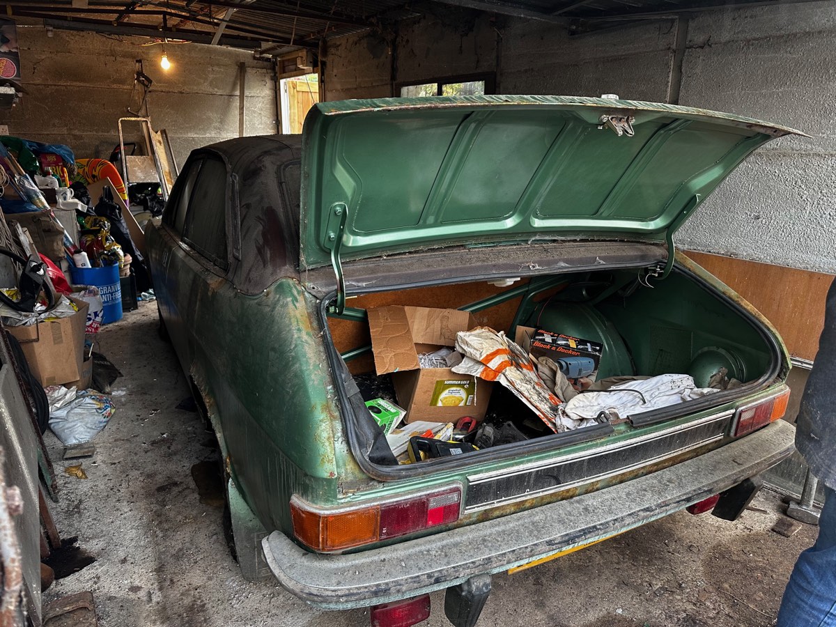1972 Morris Marina GT barn find in a garage, boot open and full of clutter